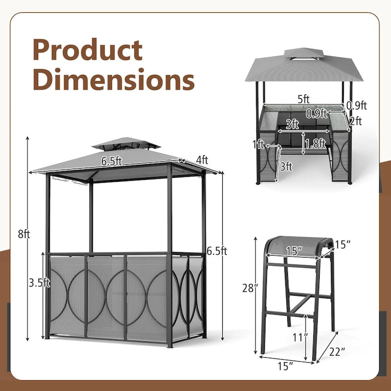 Ensemble gazebo-barbecue Costway 6,5 x 4 x 8 pi avec 2 tabourets de bar, en acier trempé - Voir les détails