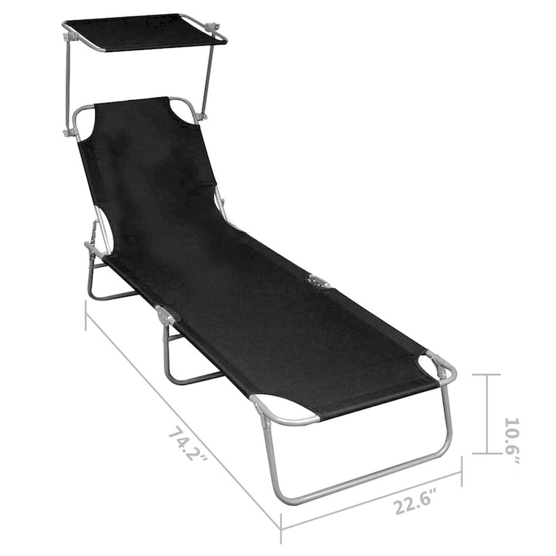 Chaise longue pliante d'extérieur Keli, avec auvent, en polyester noir, 188 cm (74 pouces).