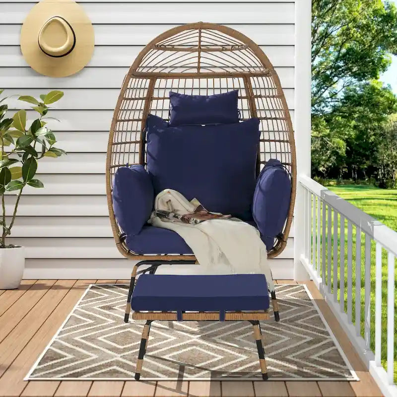 Fauteuil œuf en rotin tressé avec repose-pieds et coussins pour véranda, jardin, balcon
