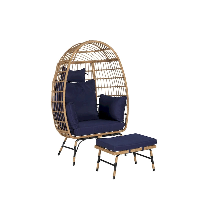 Fauteuil œuf en rotin tressé avec repose-pieds et coussins pour véranda, jardin, balcon