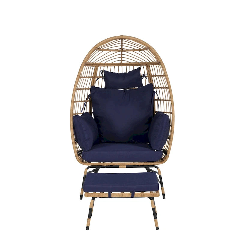 Fauteuil œuf en rotin tressé avec repose-pieds et coussins pour véranda, jardin, balcon
