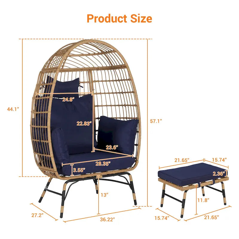 Fauteuil œuf en rotin tressé avec repose-pieds et coussins pour véranda, jardin, balcon
