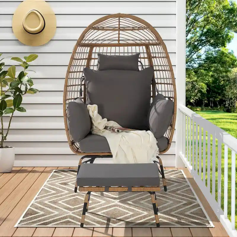 Fauteuil œuf en rotin tressé avec repose-pieds et coussins pour véranda, jardin, balcon