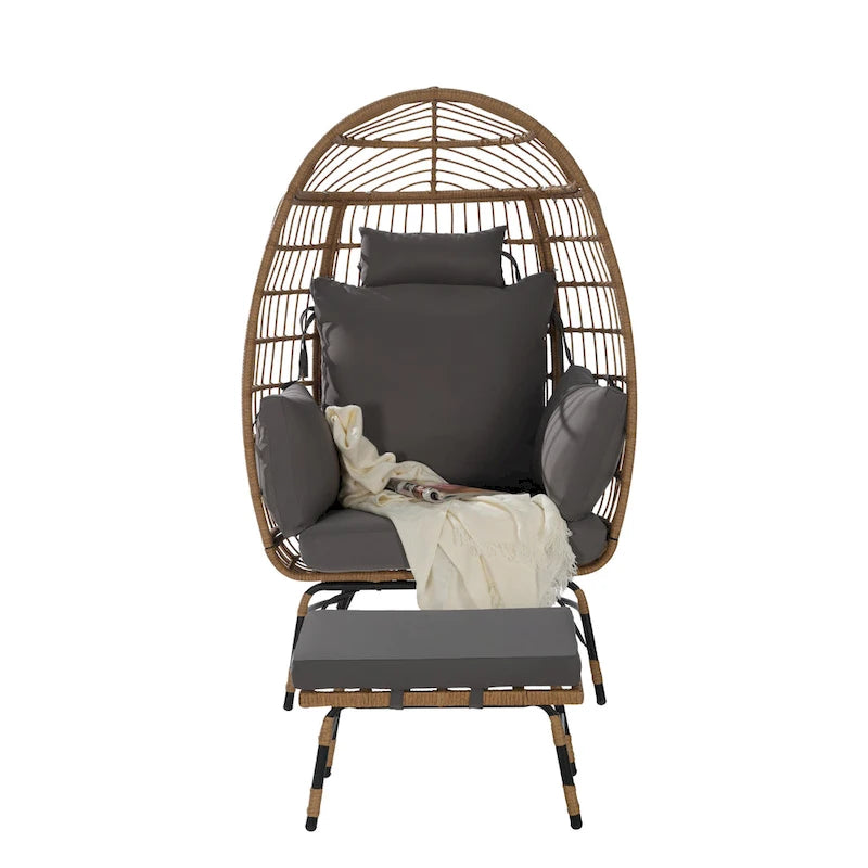 Fauteuil œuf en rotin tressé avec repose-pieds et coussins pour véranda, jardin, balcon