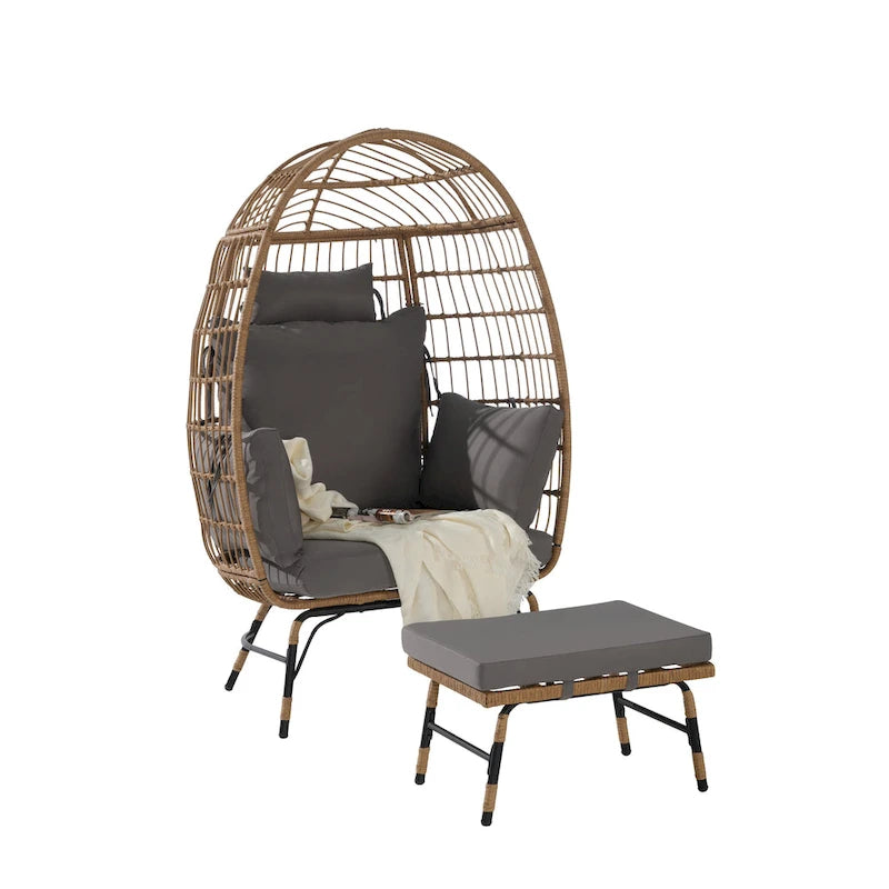 Fauteuil œuf en rotin tressé avec repose-pieds et coussins pour véranda, jardin, balcon