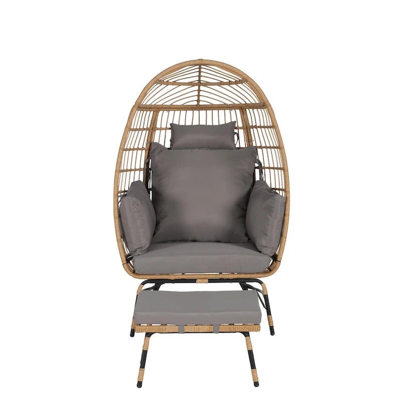 Fauteuil œuf en rotin tressé avec repose-pieds et coussins pour véranda, jardin, balcon
