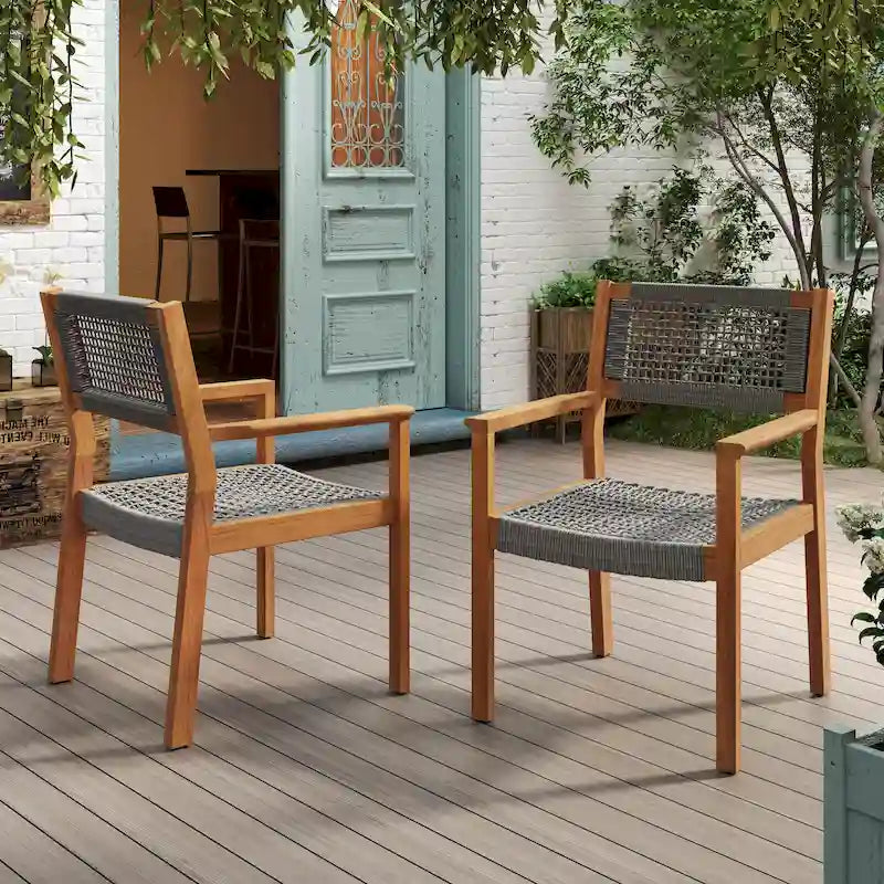 Ensemble de 2 chaises de salle à manger tressées en bois d'acacia et teck gris foncé et corde, pour terrasse extérieure, 89 cm (35 po)