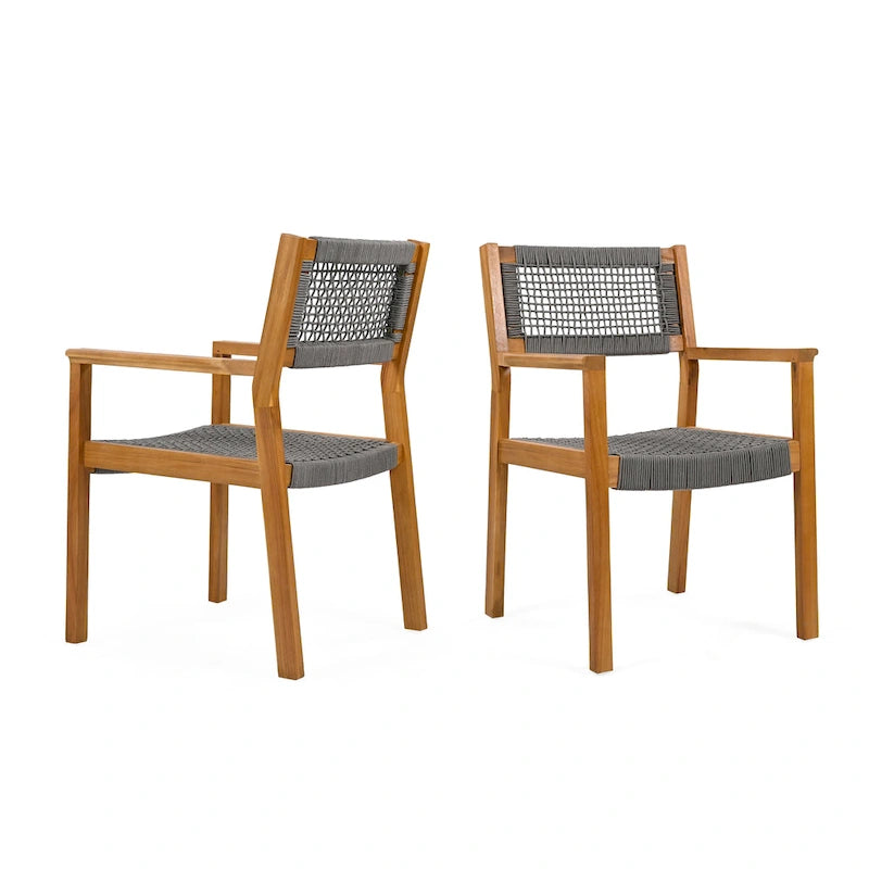 Ensemble de 2 chaises de salle à manger tressées en bois d'acacia et teck gris foncé et corde, pour terrasse extérieure, 89 cm (35 po)