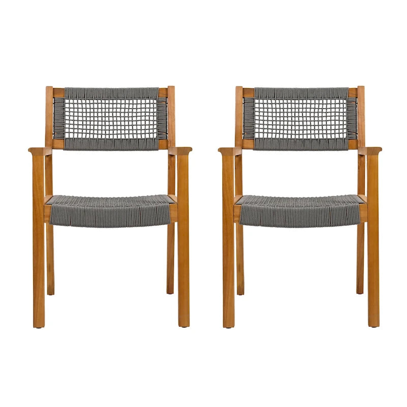Ensemble de 2 chaises de salle à manger tressées en bois d'acacia et teck gris foncé et corde, pour terrasse extérieure, 89 cm (35 po)