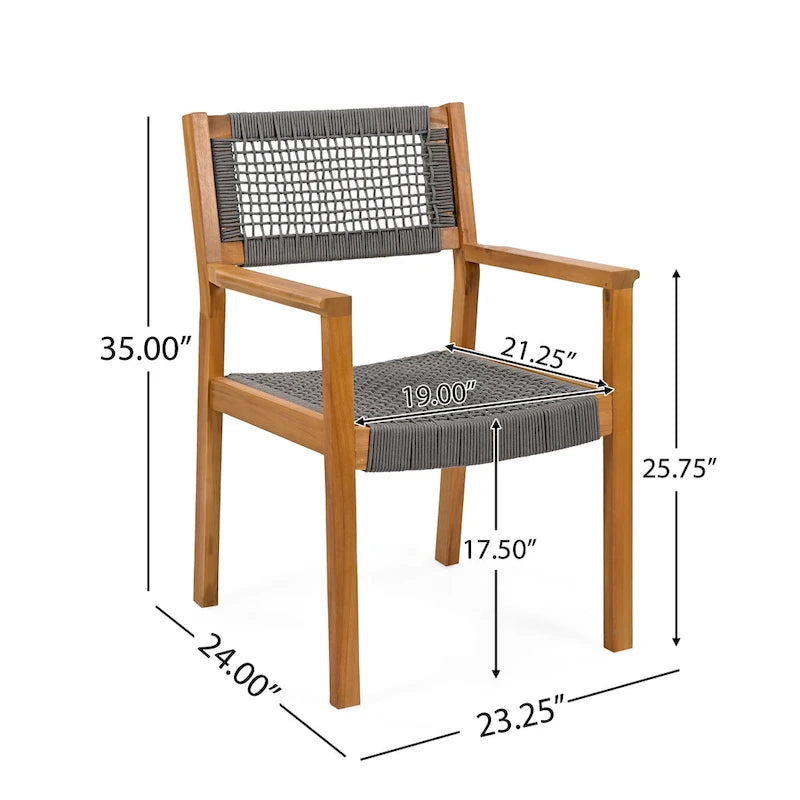 Ensemble de 2 chaises de salle à manger tressées en bois d'acacia et teck gris foncé et corde, pour terrasse extérieure, 89 cm (35 po)