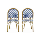 Chaise de bistrot française blanche et marine en aluminium et rotin PE, mobilier de terrasse et de café, hauteur 89 cm (35 pouces).