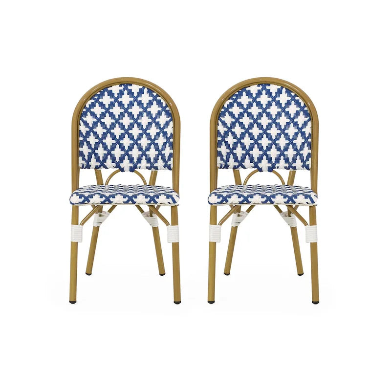 Chaise de bistrot française blanche et marine en aluminium et rotin PE, mobilier de terrasse et de café, hauteur 89 cm (35 pouces).
