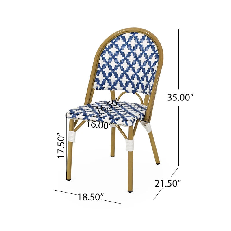 Chaise de bistrot française blanche et marine en aluminium et rotin PE, mobilier de terrasse et de café, hauteur 89 cm (35 pouces).