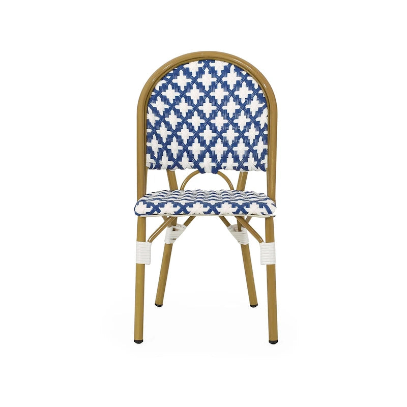 Chaise de bistrot française blanche et marine en aluminium et rotin PE, mobilier de terrasse et de café, hauteur 89 cm (35 pouces).