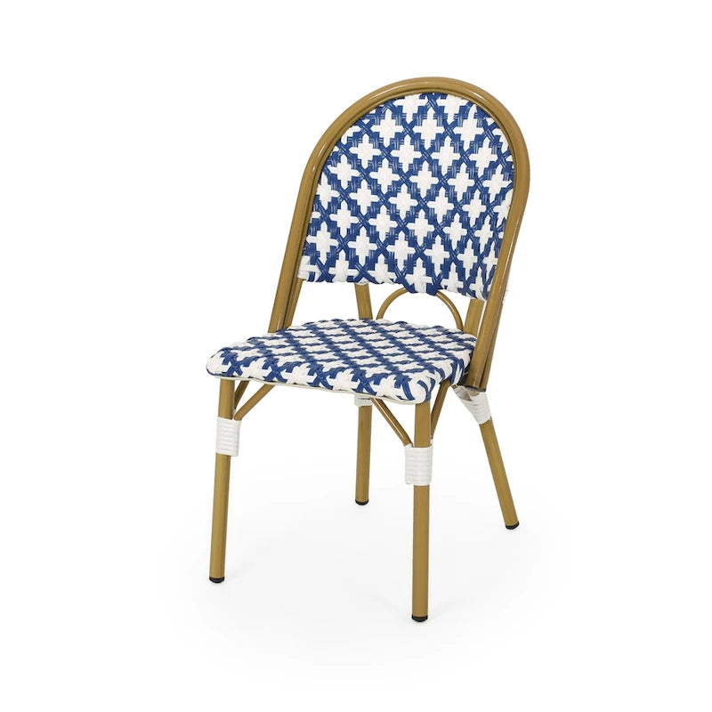 Chaise de bistrot française blanche et marine en aluminium et rotin PE, mobilier de terrasse et de café, hauteur 89 cm (35 pouces).