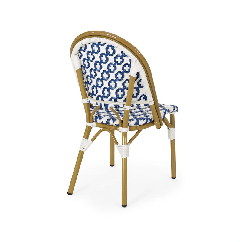 Chaise de bistrot française blanche et marine en aluminium et rotin PE, mobilier de terrasse et de café, hauteur 89 cm (35 pouces).