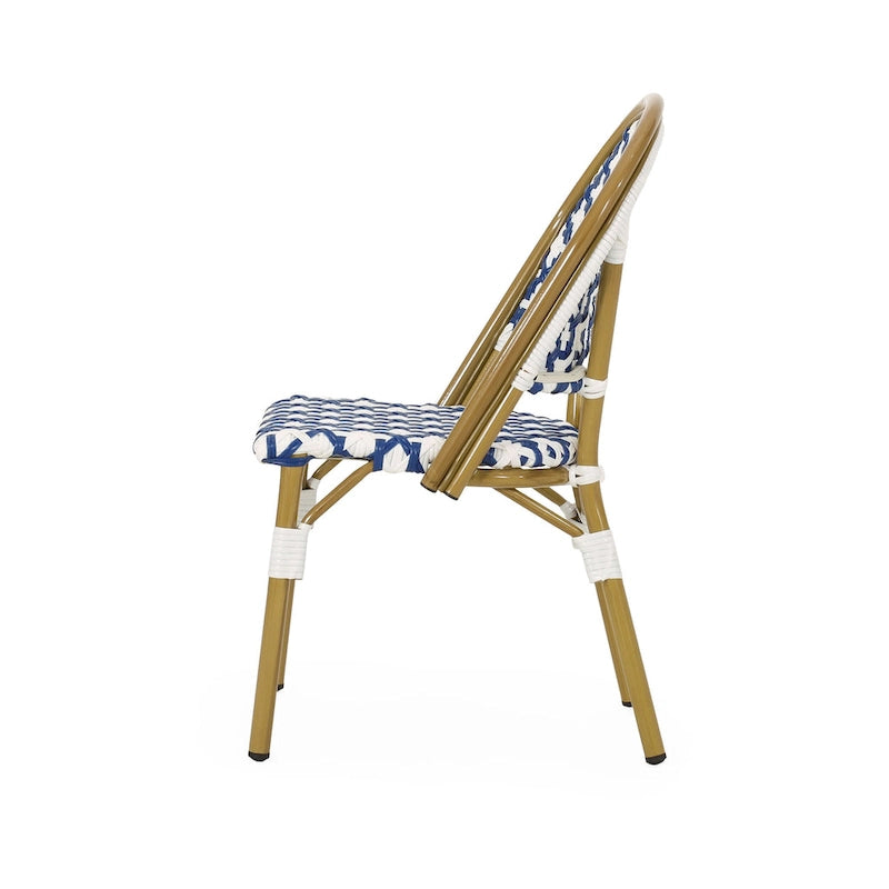 Chaise de bistrot française blanche et marine en aluminium et rotin PE, mobilier de terrasse et de café, hauteur 89 cm (35 pouces).