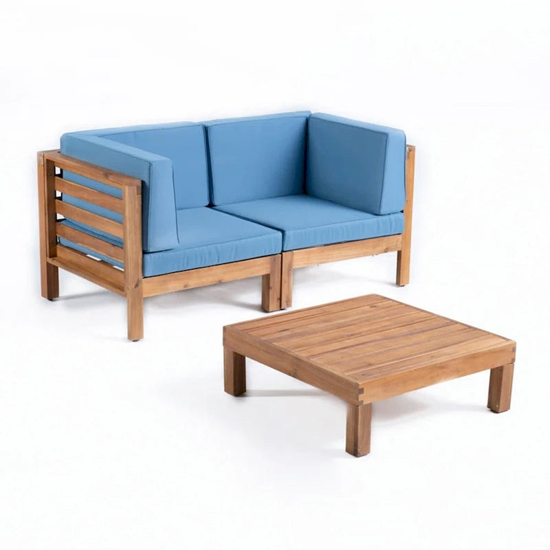 Ensemble de canapé d'extérieur 3 pièces avec table basse, bleu