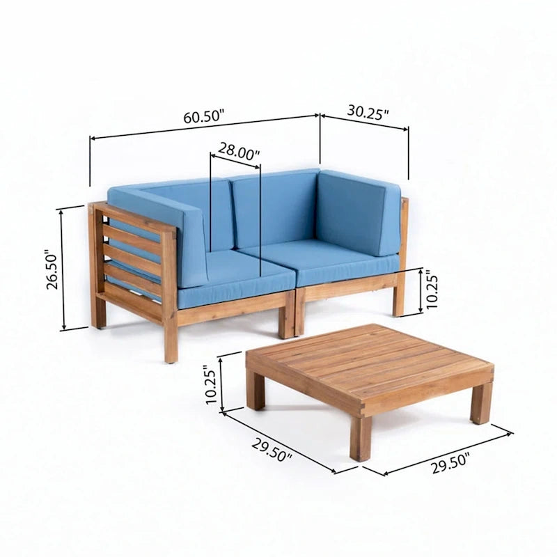 Ensemble de canapé d'extérieur 3 pièces avec table basse, bleu