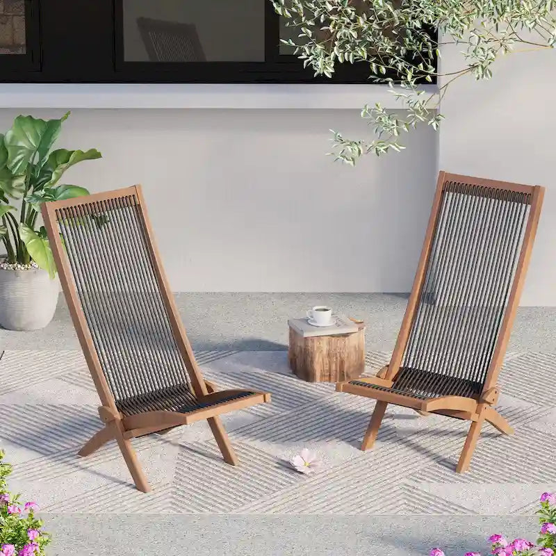 Ensemble de 2 chaises pliantes en bois d'acacia EROMMY - Modèles standard et corde - Idéales pour le jardin, le camping et le balcon.