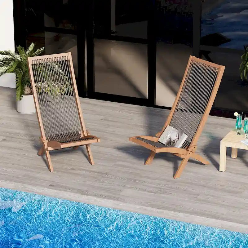 Ensemble de 2 chaises pliantes en bois d'acacia EROMMY - Modèles standard et corde - Idéales pour le jardin, le camping et le balcon.