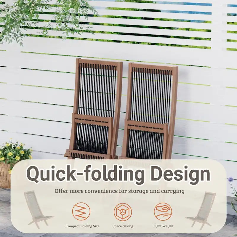 Ensemble de 2 chaises pliantes en bois d'acacia EROMMY - Modèles standard et corde - Idéales pour le jardin, le camping et le balcon.