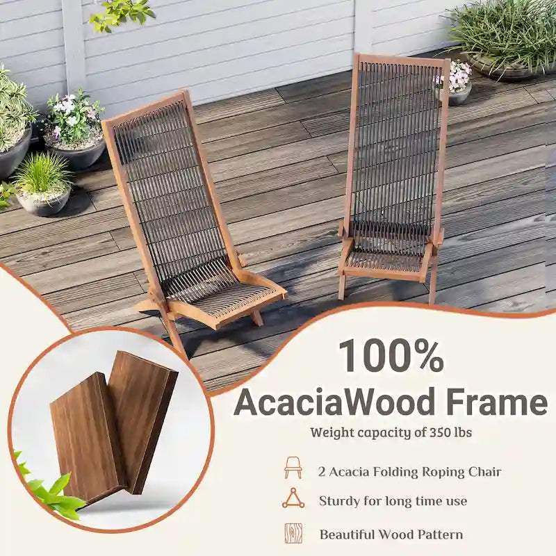 Ensemble de 2 chaises pliantes en bois d'acacia EROMMY - Modèles standard et corde - Idéales pour le jardin, le camping et le balcon.