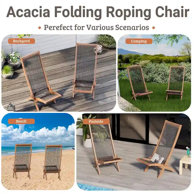 Ensemble de 2 chaises pliantes en bois d'acacia EROMMY - Modèles standard et corde - Idéales pour le jardin, le camping et le balcon.