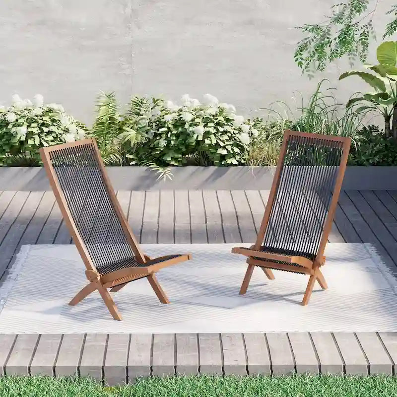 Ensemble de 2 chaises pliantes en bois d'acacia EROMMY - Modèles standard et corde - Idéales pour le jardin, le camping et le balcon.