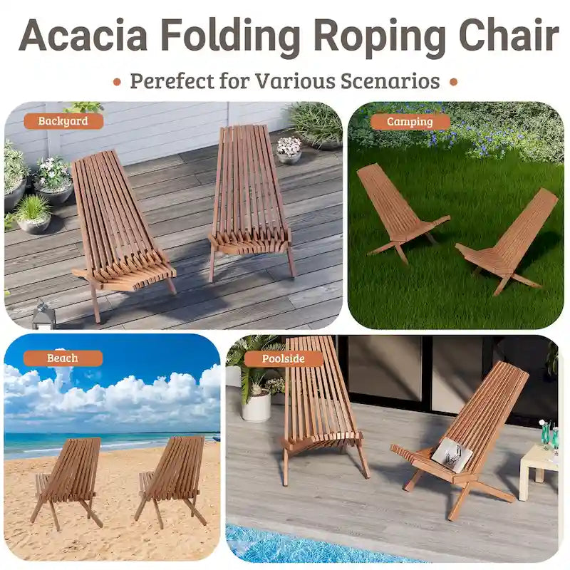 Ensemble de 2 chaises pliantes en bois d'acacia EROMMY - Modèles standard et corde - Idéales pour le jardin, le camping et le balcon.