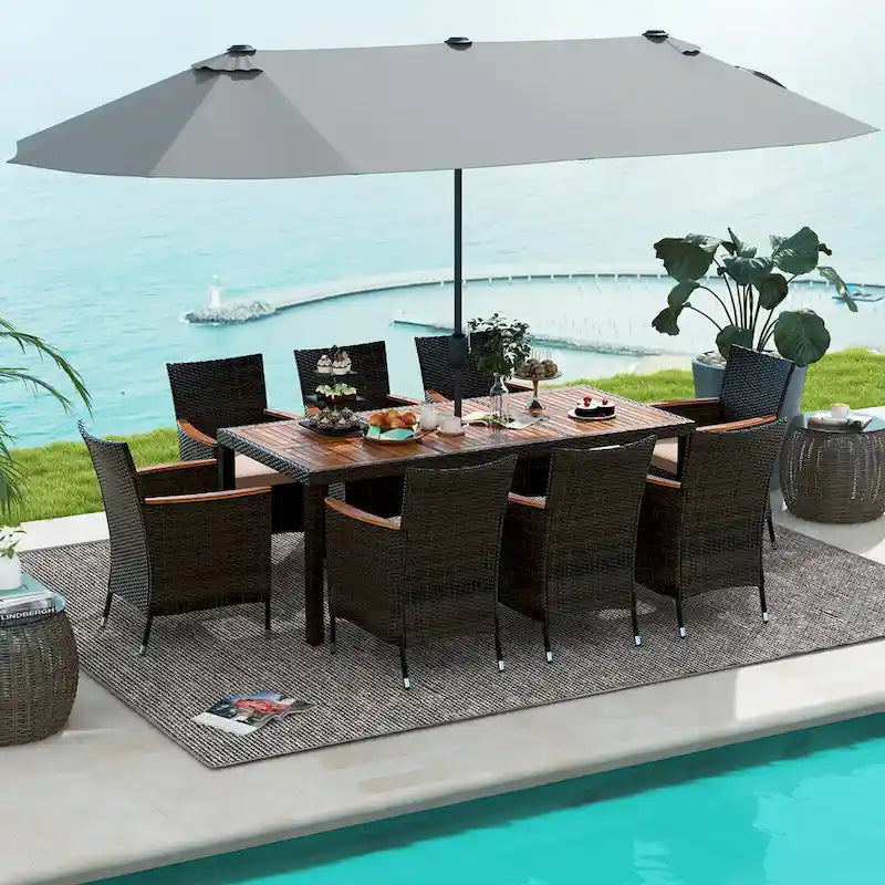 Ensemble de salle à manger d'extérieur Gymax 9 pièces en résine tressée avec table et chaises de patio double face grises