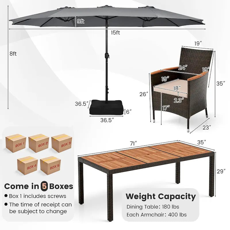 Ensemble de salle à manger d'extérieur Gymax 9 pièces en résine tressée avec table et chaises de patio double face grises
