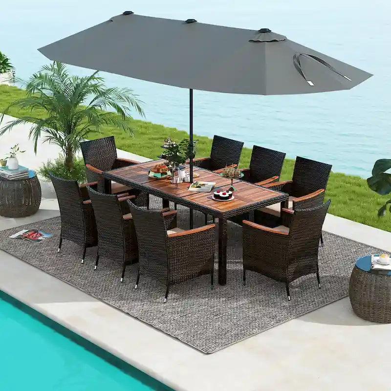 Ensemble de salle à manger d'extérieur Gymax 9 pièces en résine tressée avec table et chaises de patio double face grises