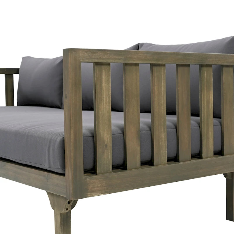 Lit de jour 3 places en bois d'acacia avec sommier à lattes et tissu imperméable, idéal pour l'extérieur.