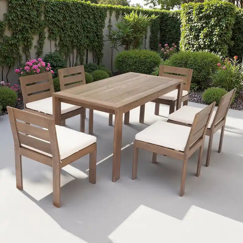 Ensemble de salle à manger d'extérieur 7 pièces en bois d'acacia avec table rectangulaire et 6 chaises rembourrées