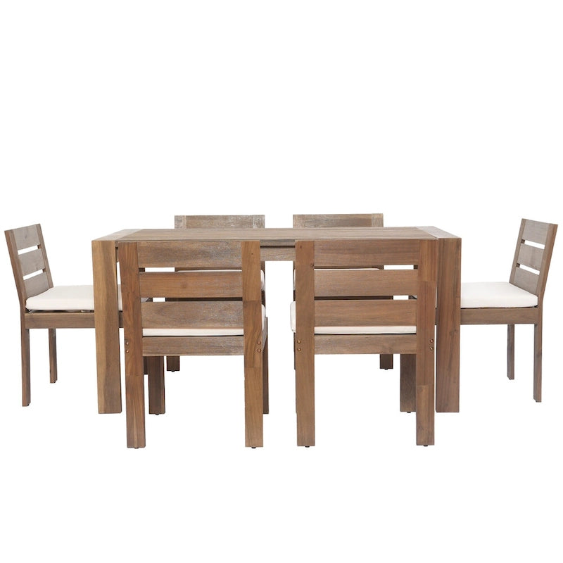 Ensemble de salle à manger d'extérieur 7 pièces en bois d'acacia avec table rectangulaire et 6 chaises rembourrées