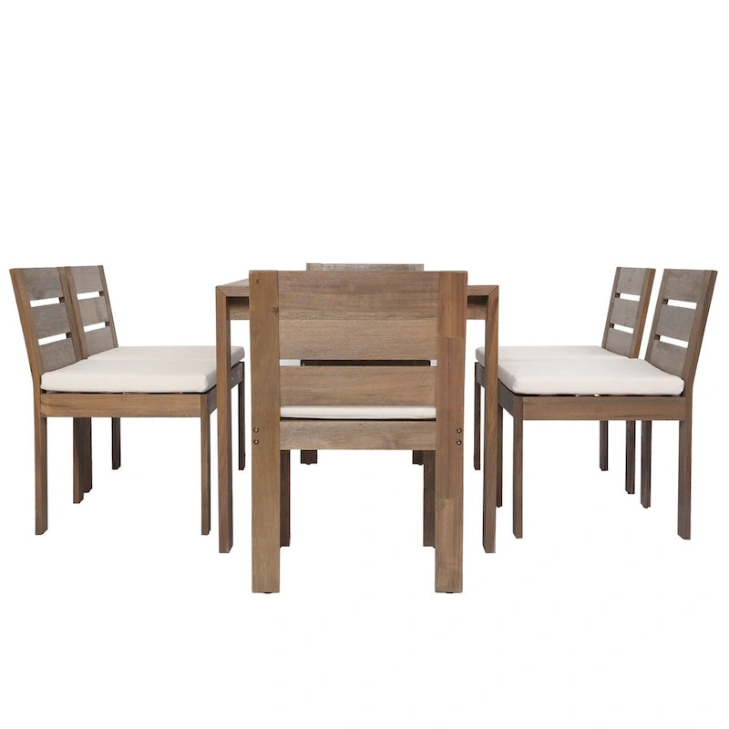 Ensemble de salle à manger d'extérieur 7 pièces en bois d'acacia avec table rectangulaire et 6 chaises rembourrées