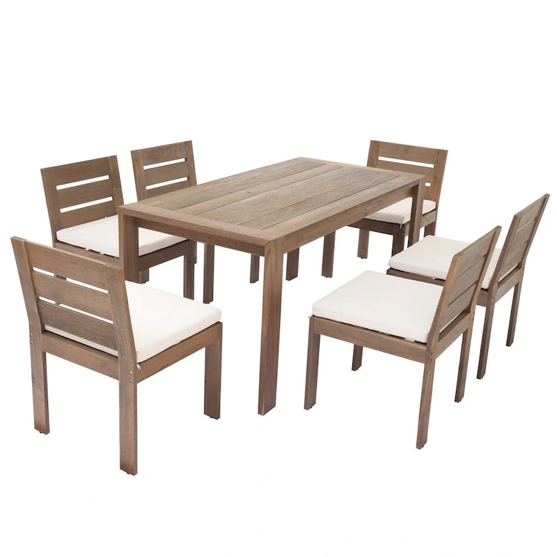 Ensemble de salle à manger d'extérieur 7 pièces en bois d'acacia avec table rectangulaire et 6 chaises rembourrées