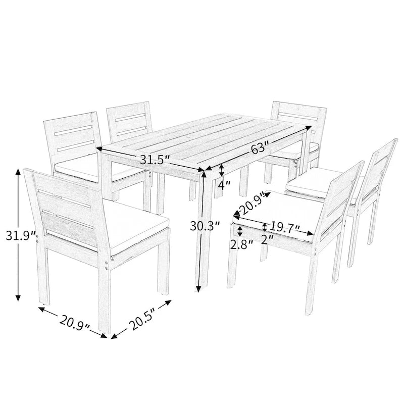 Ensemble de salle à manger d'extérieur 7 pièces en bois d'acacia avec table rectangulaire et 6 chaises rembourrées