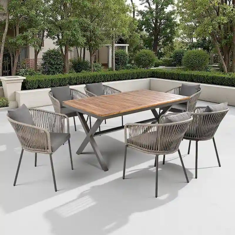 Ensemble de salle à manger d'extérieur 7 pièces avec structure en métal, 6 chaises rembourrées et plateau en bois d'acacia