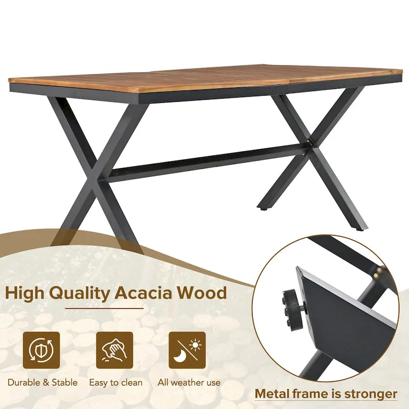 Ensemble de salle à manger d'extérieur 7 pièces avec structure en métal, 6 chaises rembourrées et plateau en bois d'acacia