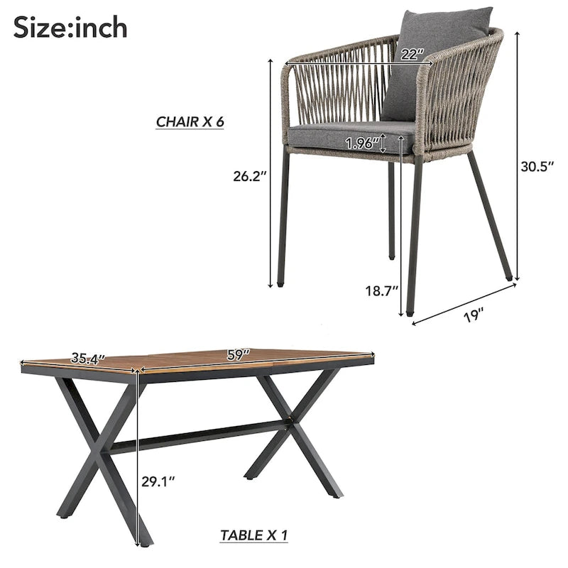 Ensemble de salle à manger d'extérieur 7 pièces avec structure en métal, 6 chaises rembourrées et plateau en bois d'acacia