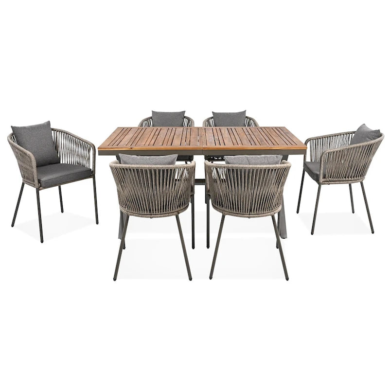Ensemble de salle à manger d'extérieur 7 pièces avec structure en métal, 6 chaises rembourrées et plateau en bois d'acacia