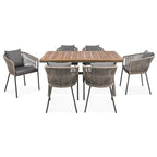 Ensemble de salle à manger d'extérieur 7 pièces avec structure en métal, 6 chaises rembourrées et plateau en bois d'acacia
