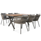 Ensemble de salle à manger d'extérieur 7 pièces avec structure en métal, 6 chaises rembourrées et plateau en bois d'acacia
