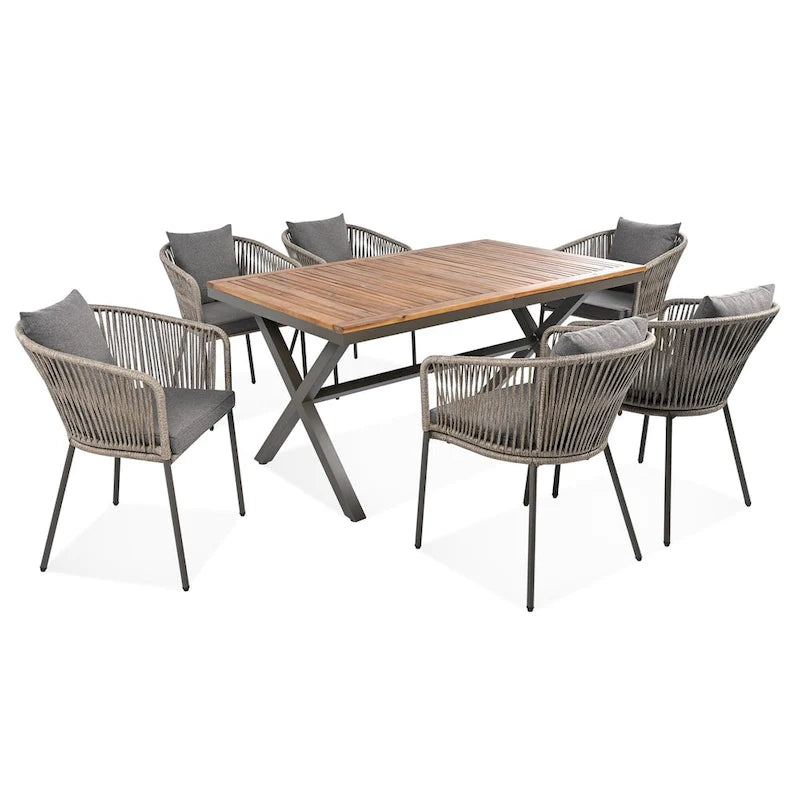 Ensemble de salle à manger d'extérieur 7 pièces avec structure en métal, 6 chaises rembourrées et plateau en bois d'acacia