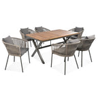 Ensemble de salle à manger d'extérieur 7 pièces avec structure en métal, 6 chaises rembourrées et plateau en bois d'acacia