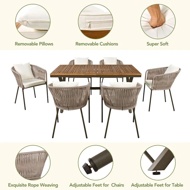 Ensemble de salle à manger d'extérieur 7 pièces avec structure en métal, 6 chaises rembourrées et plateau en bois d'acacia