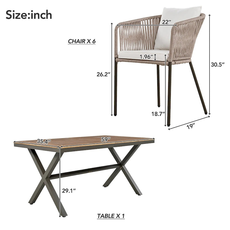 Ensemble de salle à manger d'extérieur 7 pièces avec structure en métal, 6 chaises rembourrées et plateau en bois d'acacia