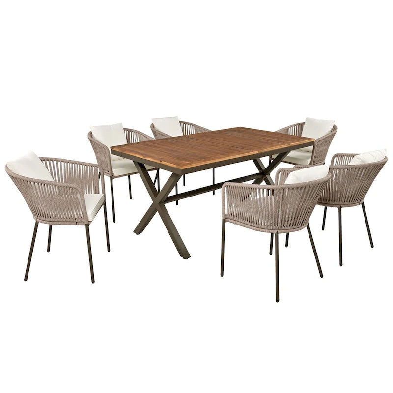 Ensemble de salle à manger d'extérieur 7 pièces avec structure en métal, 6 chaises rembourrées et plateau en bois d'acacia